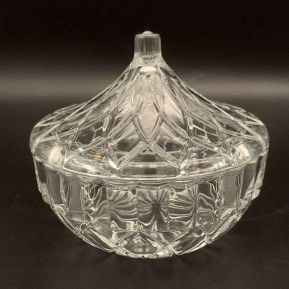 Vintage KIG Indonesia Glass Candy Dish Bowl With Lid Diamond Cut Round Pressed - Picture 4 of 10